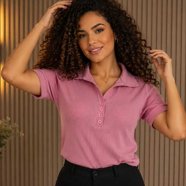 Blusa Polo Feminina Canelada Manga Curta Gola Polo Casual Elegante Ajustada Viscose Elastano