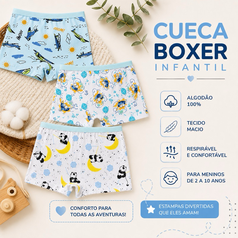 Kit com até 10 Cuecas Boxer Microfibra Infantil Menino Conforto