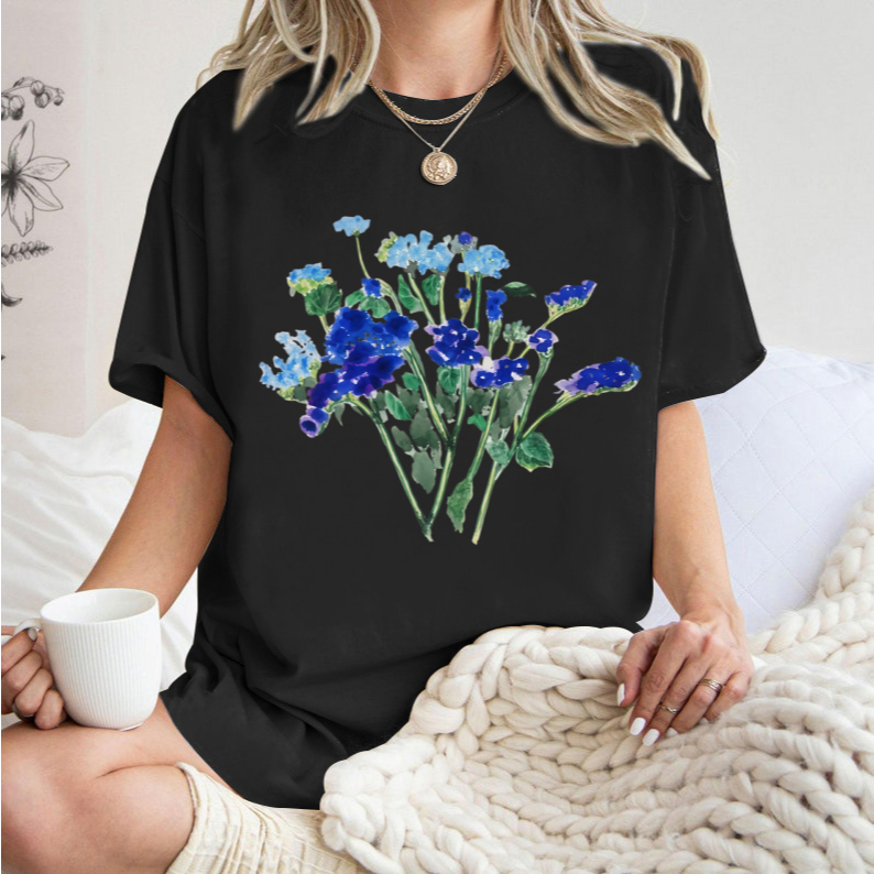 [Camiseta Premium em Algodão Puro]SISI Camiseta Feminina Casual Flor Azul T-Shirt Oversized Blusa Confortável Moda Verão