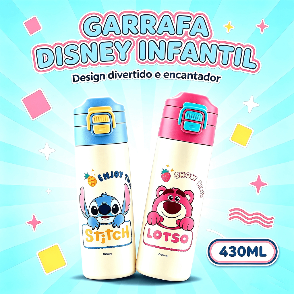 Garrafa Stitch Azul Antivazamento Resistente Escolar Disney 430ml