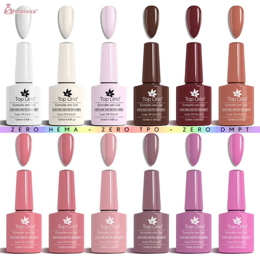 Kit 12 Esmaltes em Gel LED UV COLEÇÕES para Unhas Manicure Zero HEMA TPO DMPT 12ml