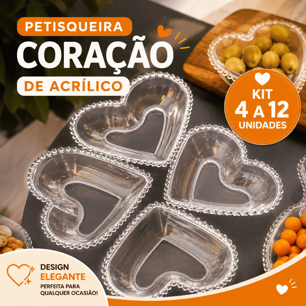 Cumbuca Petisqueira Coração Cristal Pearl 300ml Acrílico Transparente Kit Até 12 Unidades