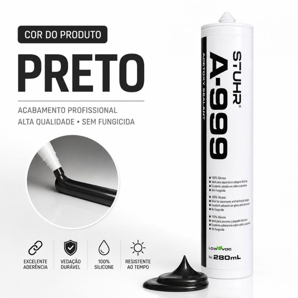 Silicone Preto para Aquário e Vidro Acético Cola Selante Vedação Anti Vazamento 280ml