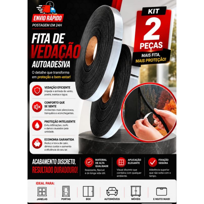 Kit 2 Peças Fita Espuma Adesiva para Vedação Polietileno Preta 30 Metros 14x4mm Vedar Frestas Portas e Janelas Promoção