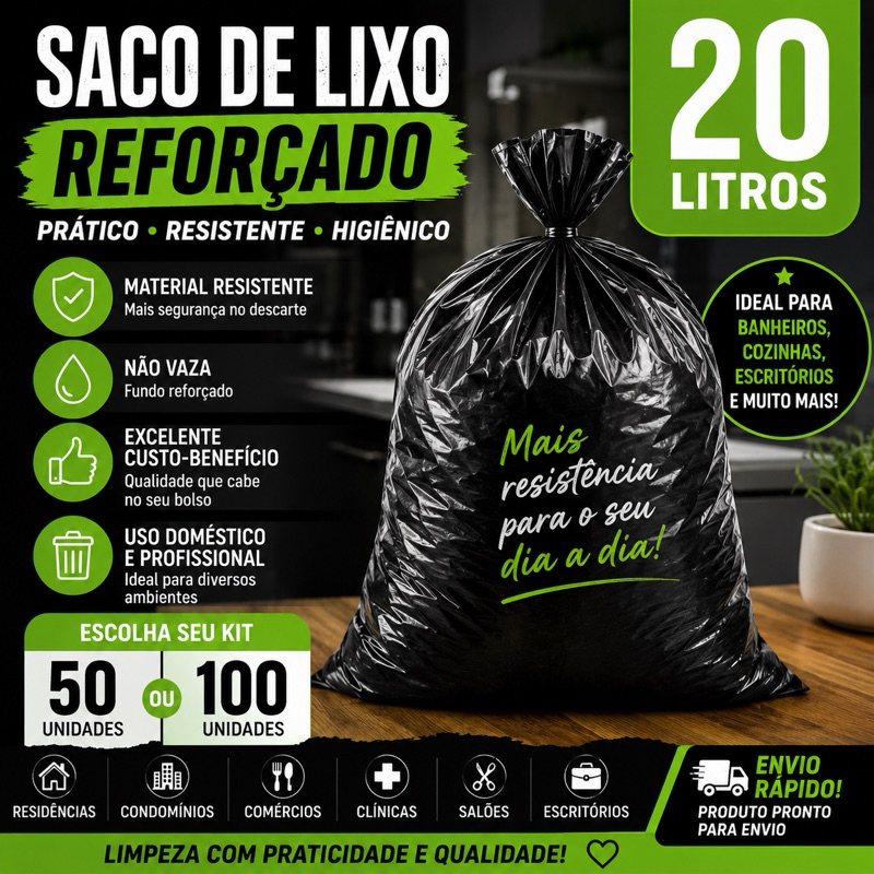 Saco de Lixo Preto 20 Litros 100 unidades de alta resistência e reforçado