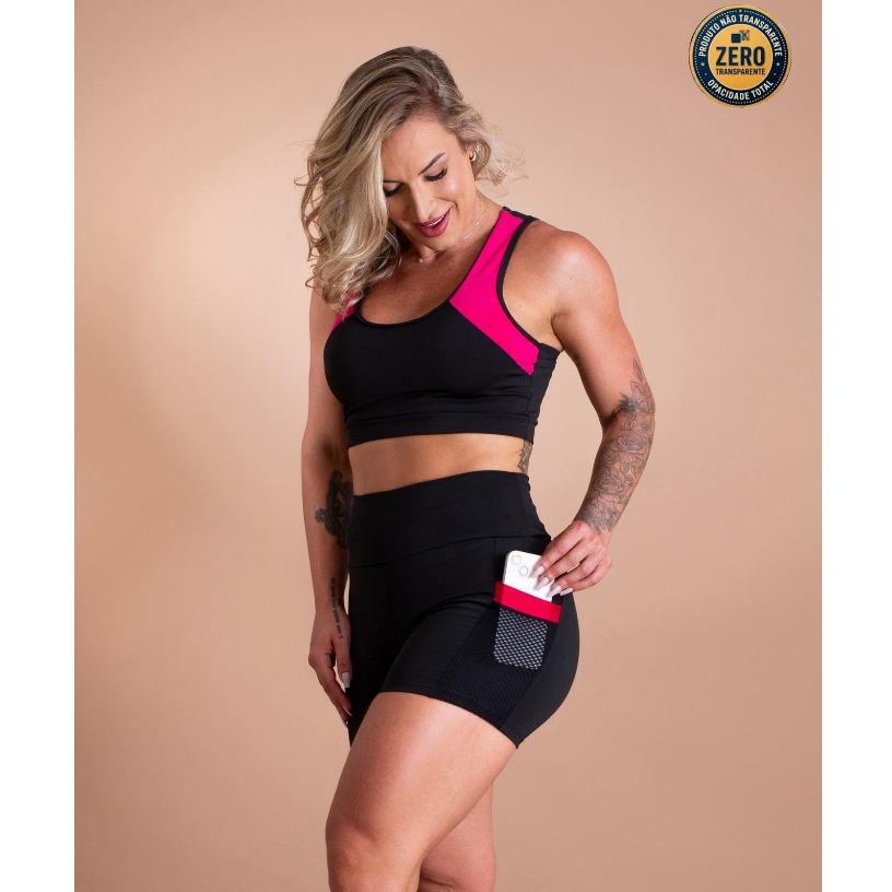 Conjunto Fitness Feminino Top Nadador Decote Costas E Short Com Bolso Tela Lateral Academia ZERO TRANSPARÊNCIA