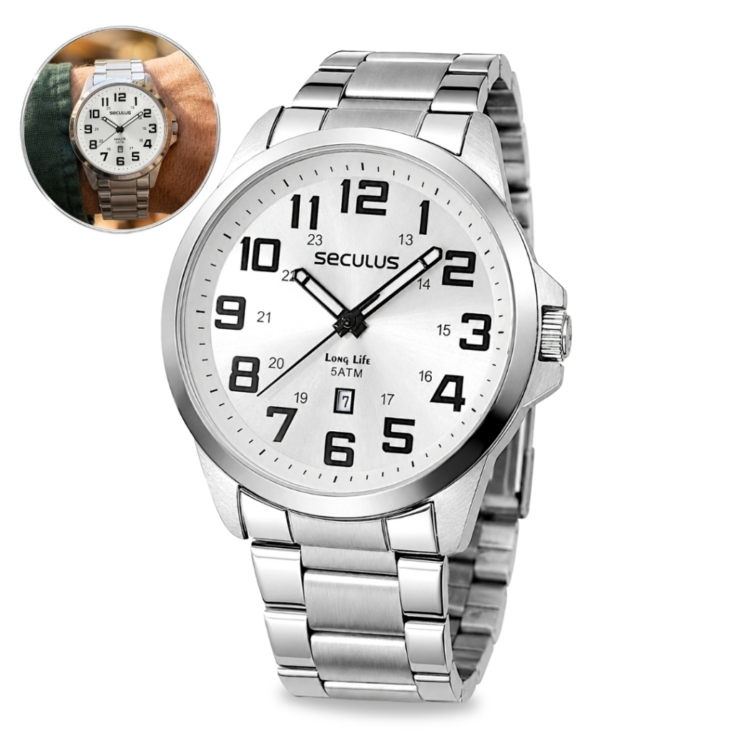 Relógio Seculus Masculino De Pulso Analógico Esportivo Casual Prata Pulseira Aço Inox Prova D'água 50 Metros Original