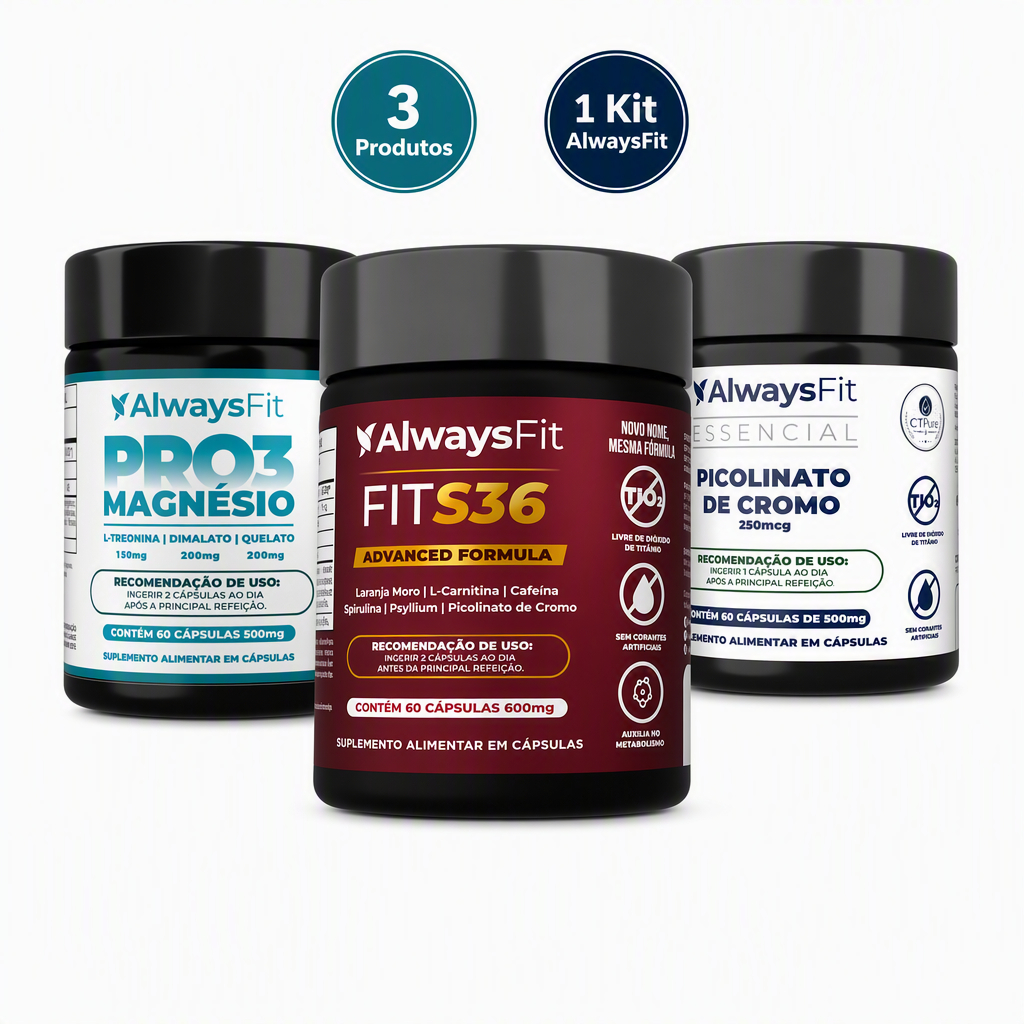 Kit Anti-Inchaço AlwaysFit  | PRO3 Magnésio + Picolinato de Cromo + FitS36 | 180 Cápsulas