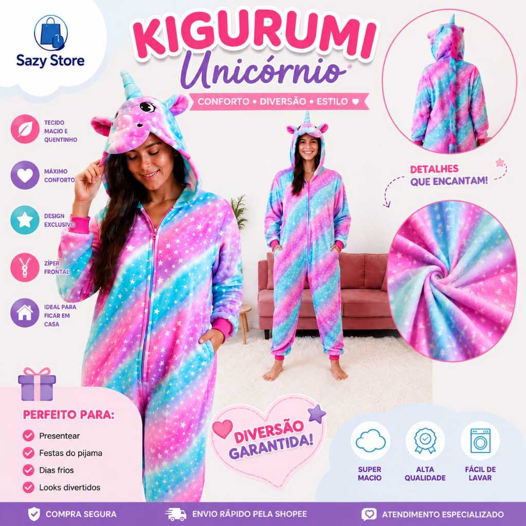 Kigurumi Unicórnio Adulto Premium Feminino Pijama Macacão Fantasia Pelúcia Soft Flanelado Capuz Zíper Confortável