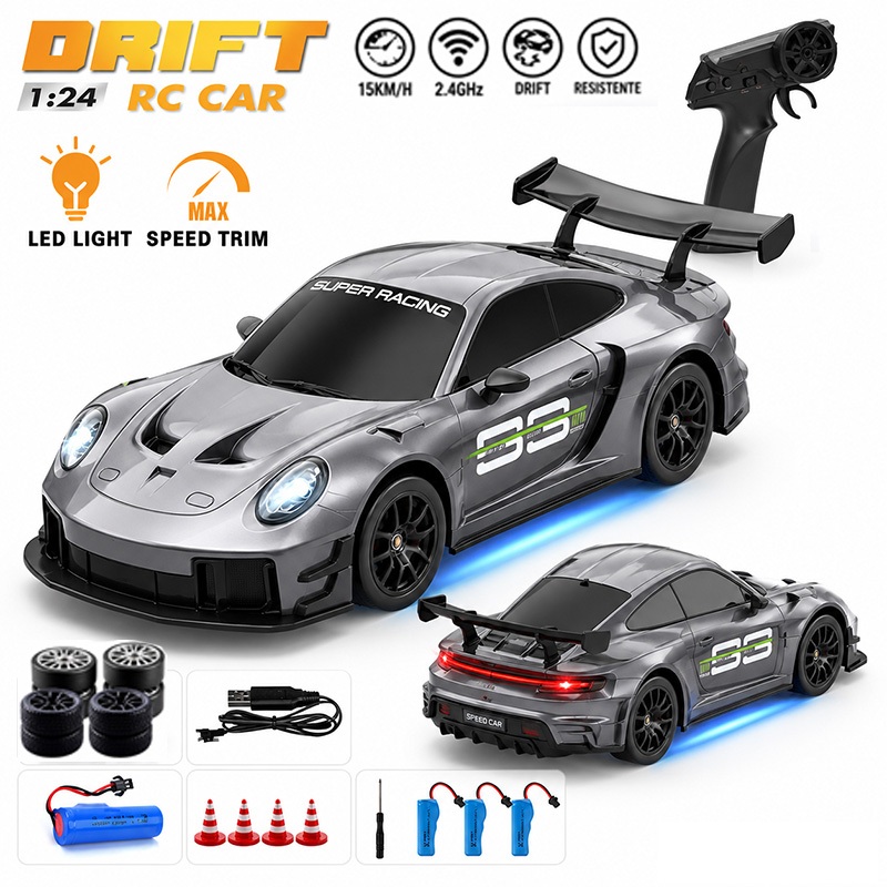 Carrinho Controle Remoto Porsche 911 1:24 Drift 4WD 15KM/H 2.4GHz Luz LED Bateria Recarregável Carro RC