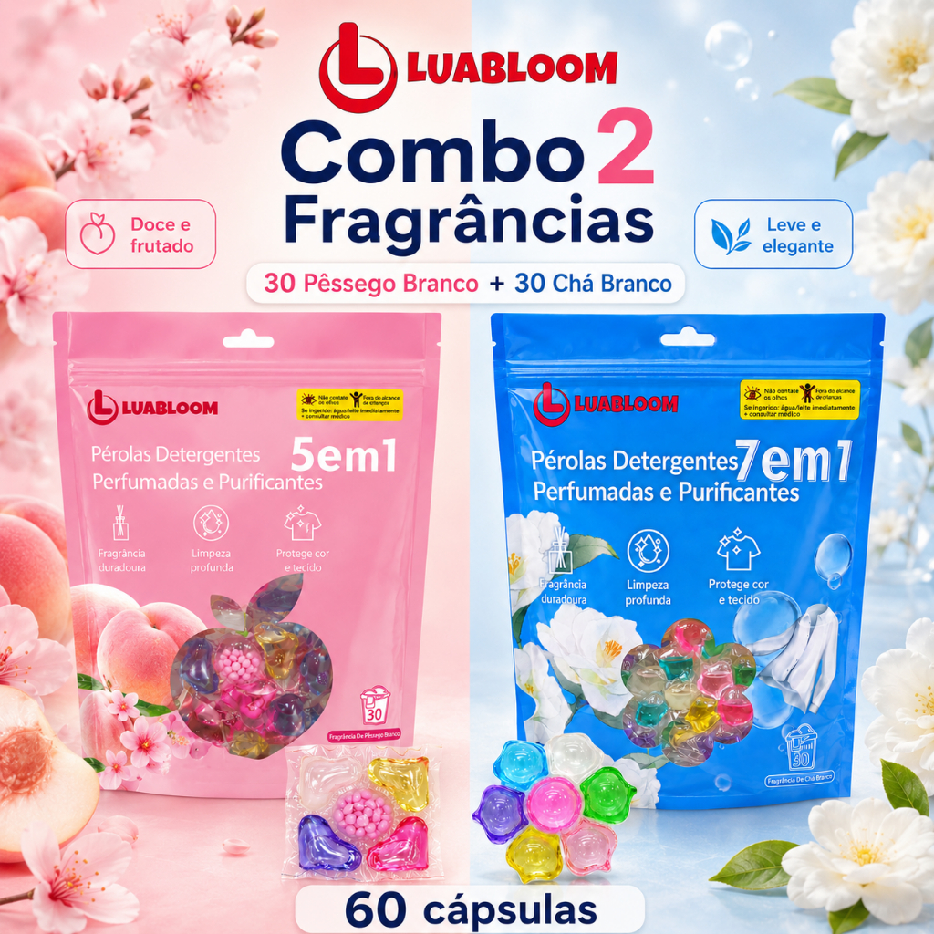 Kit LUABLOOM 60 Cápsulas Lava Roupas Pêssego Branco + Chá Branco Detergente em Cápsulas Perfume Duradouro e Limpeza