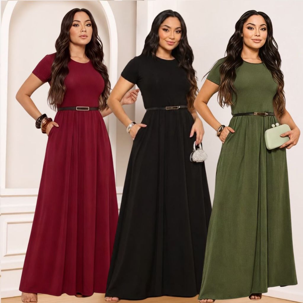Vestido Longo Feminino em Malha Viscolycra com Bolso e Cinto de Brinde