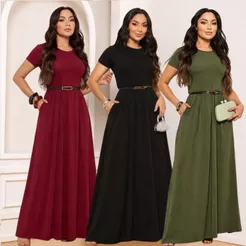 Vestido Longo Feminino em Malha Viscolycra com Bolso e Cinto de Brinde