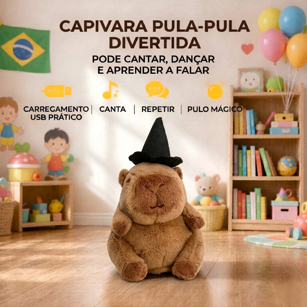 Capivara Dançante Pelúcia Interativa – Canta, Dança e Repete Voz – Recarregável USB
