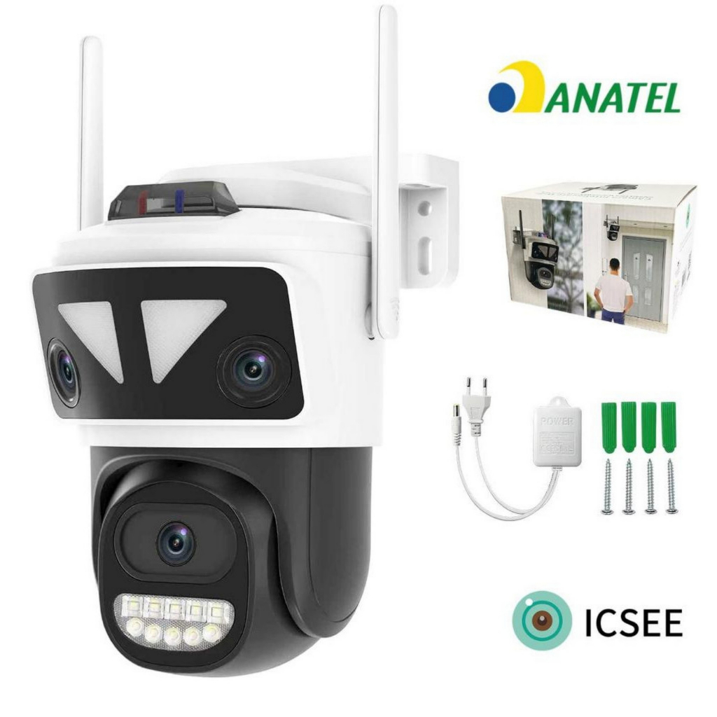 Câmera de Segurança WiFi Lente Tripla Externa Prova D'Água PTZ Visão Noturna HD iCSee