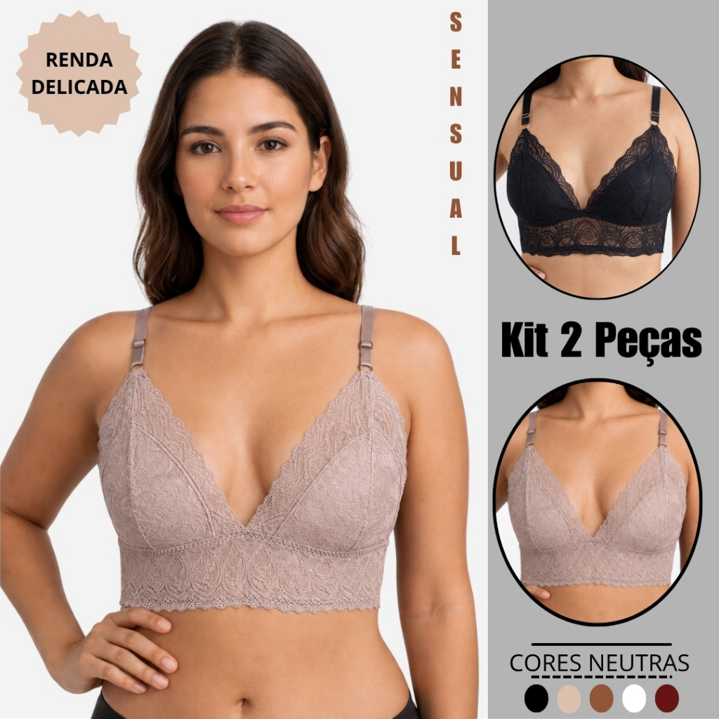 kit 2 Sutiã Renda Tipo Top Sem Bojo Com Forro No Seio Macio Delicado Respiravel Alças Regulaveis