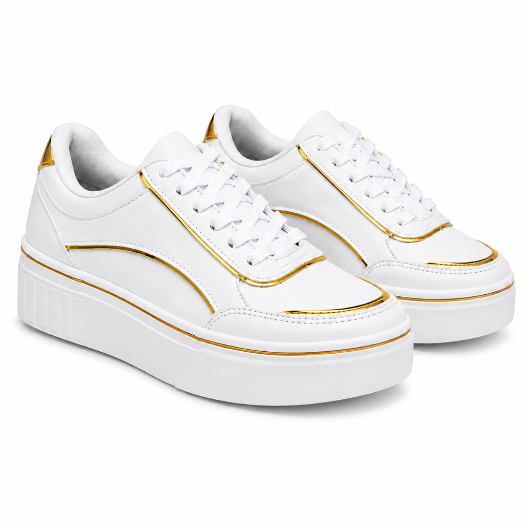 Tênis Feminino Fashion Plataforma Casual Branco com Detalhes Dourado ou Prata Leve e Confortável