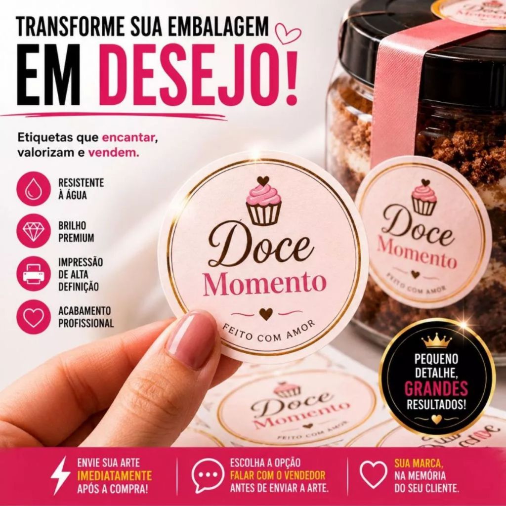 Adesivo Personalizado 4x4 Etiqueta Logo Empresa Resistente à Água Brilhante Premium Embalagem Festa