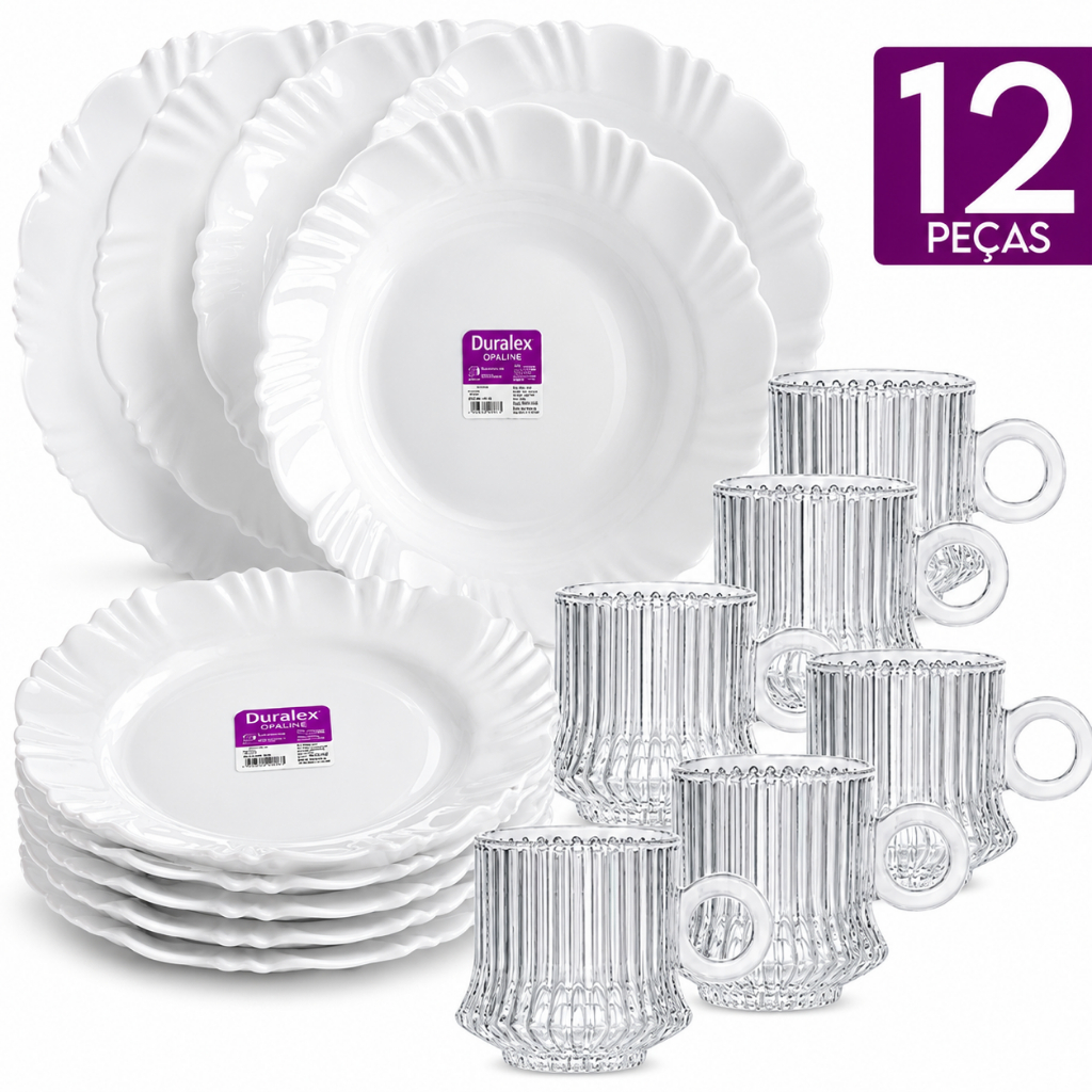 Kit 12 Peças Duralex Opaline 6 Pratos Petala Fundo Vidro Branco e 6 Xícaras Robust Canelada Buffet