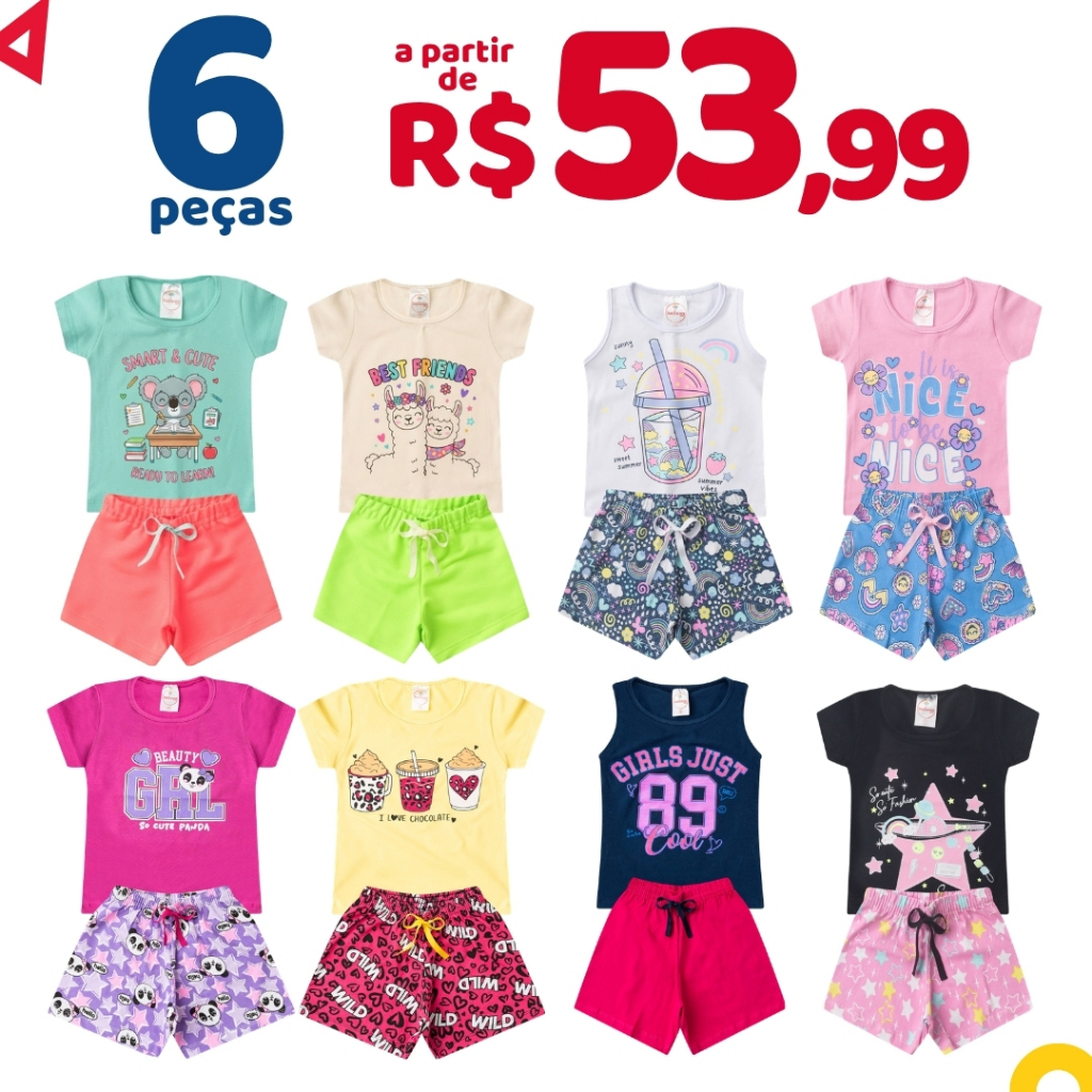 Kit 6 Peças Roupa Infantil Menina Verão Conjunto Feminino Tamanhos 1 ao 14