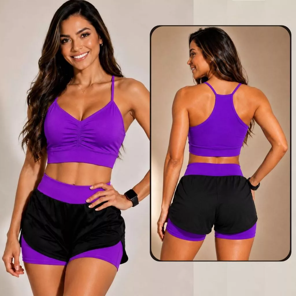 Conjunto De Academia Feminino Short Duplo }  100% Zero transparente Cós Alto Com Alta Compressão Fitness Roupas Academia — imagem 1
