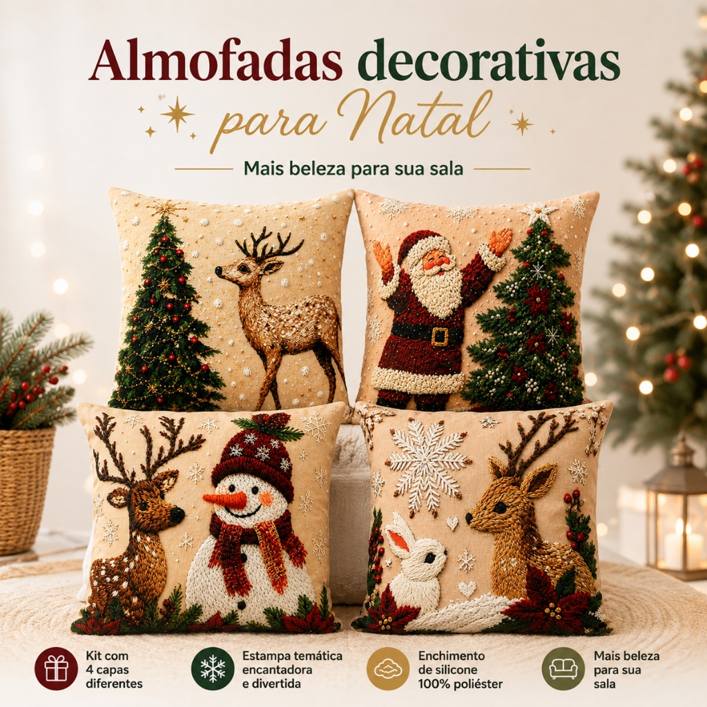 Almofadas Decorativas Natal Kit 04 Capas Papai Noel Boneco Neve Feliz Natal Rena- Tamanho 45X45