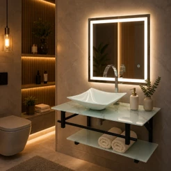 Gabinete para Banheiro com Espelho LED Touch e Cuba Quadrada–40x40, 50x40 e 60x40 cm Gabinete Luxo