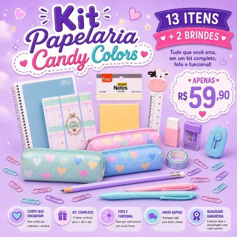 Kit Papelaria Candy Colors 13 Itens + Mimo | Papelaria Fofa em Tons Pastel