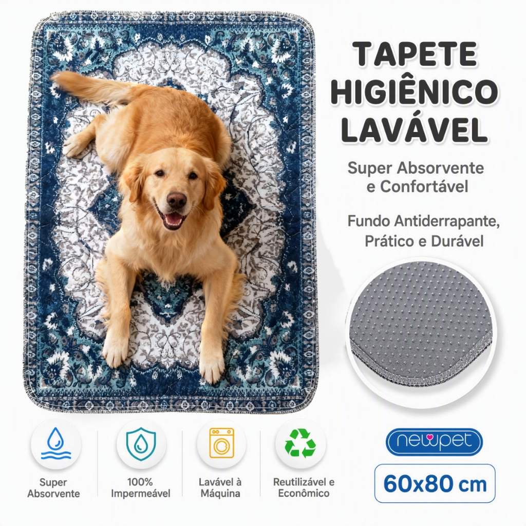 Newpet Tapete Higiênico Lavável Estilo Boêmio 80x60cm para Cachorro Super Absorvente Impermeável Reutilizável
