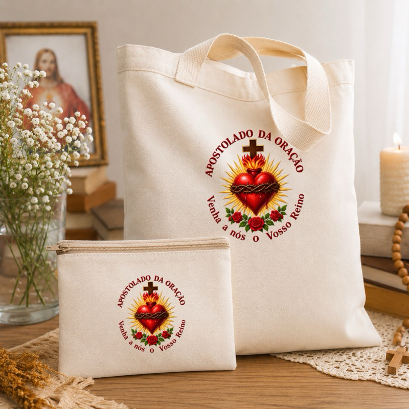 Ecobag e Necesserie Apostolado da Oração Sagrado Coração de Jesus Algodão Cru Unissex