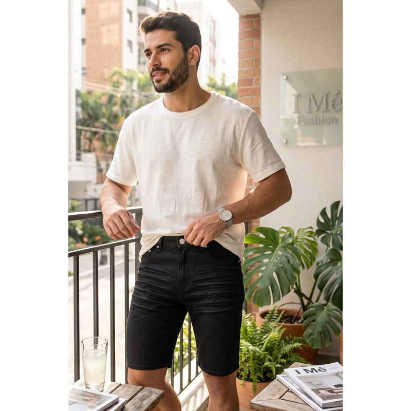 No.23 Bermuda Cargo Masculina Preta Jeans Slim Fit Casual Confortável Moderna