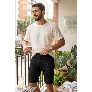 No.23 Bermuda Cargo Masculina Preta Jeans Slim Fit Casual Confortável Moderna