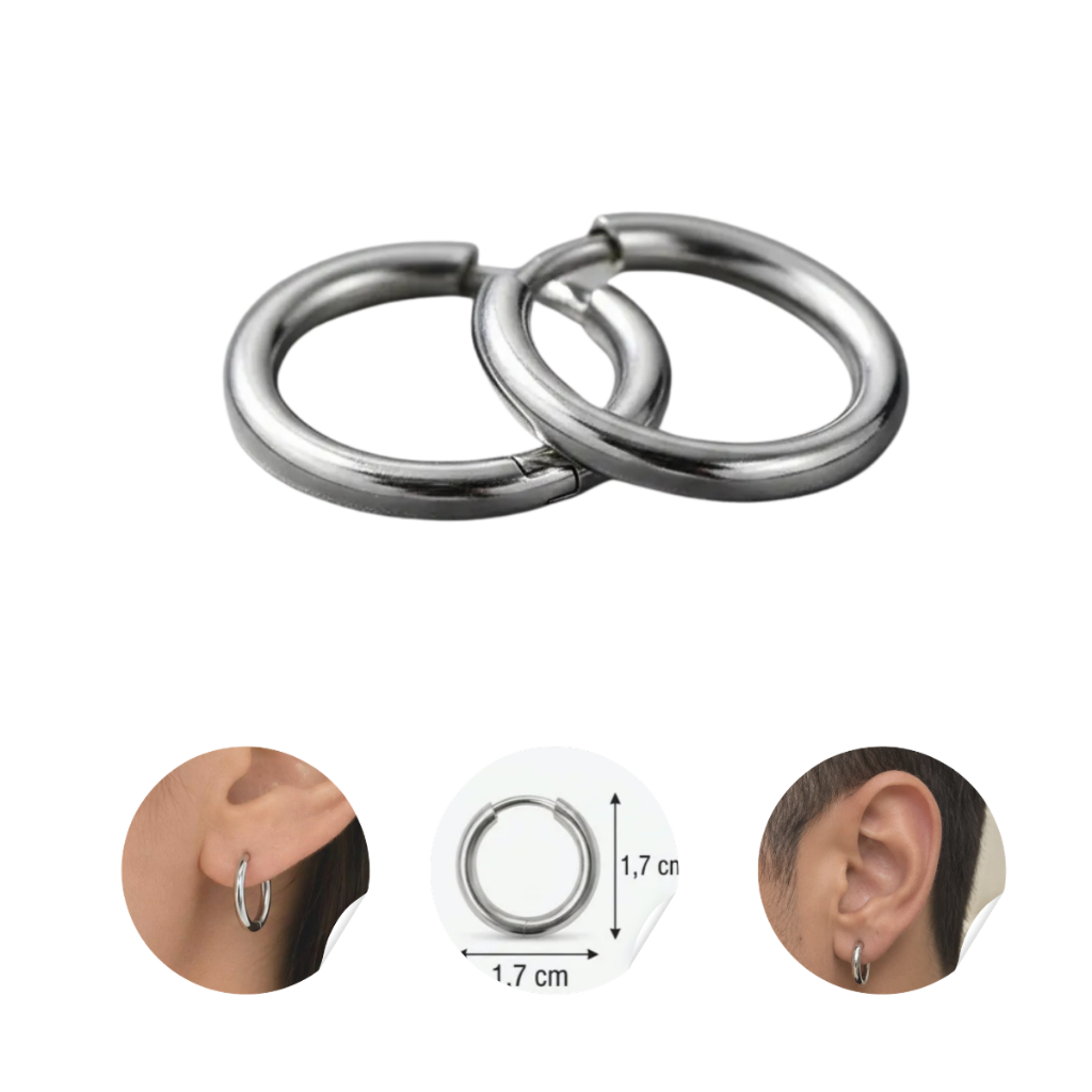 Brinco Argola Aço Cirúrgico Unissex Hipoalergênico Click Um Par De Brincos Argola 1,7cm Aço Inox 316L