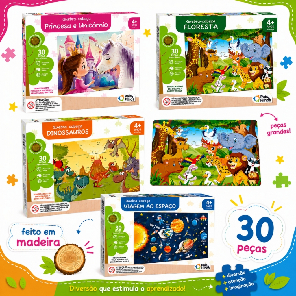 Quebra Cabeça Infantil 30 Peças Madeira MDF Brinquedo Educativo Didático Peças Grandes