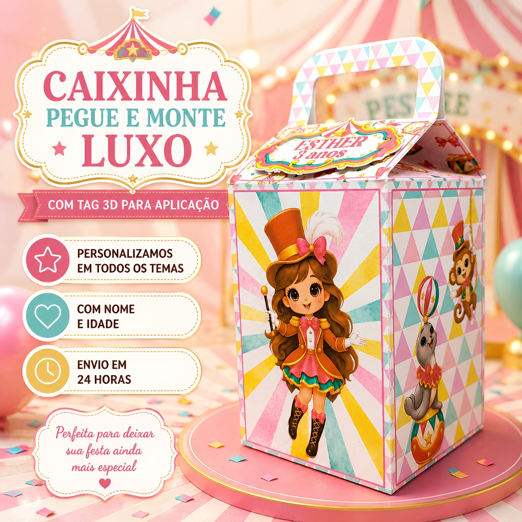 20 Caixinhas Milk com Alça e Tag 3D Personalizada Circo Menina com Nome e Idade Lembrancinha Festa Infantil