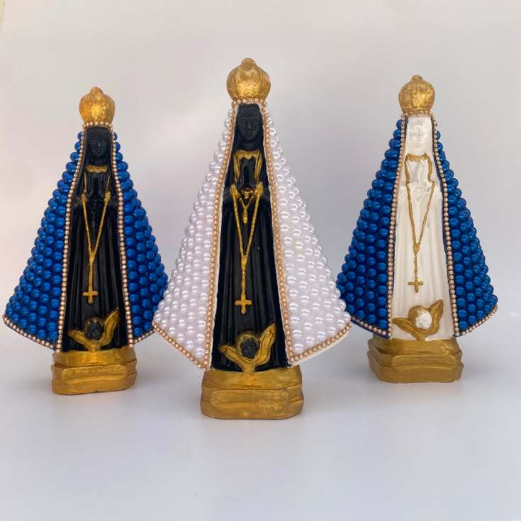 Nossa Senhora Aparecida 21cm em Gesso com Pérolas | Coleção Pérola | Imagem Católica Artesanal