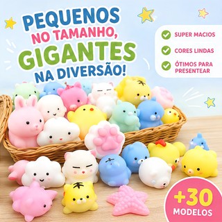 Kit 10/20/30 Squishy Mochi Bichinhos, Brinquedo Macio Anti-Stress, Brinquedo Sensorial Fofo para Apertar e Relaxar