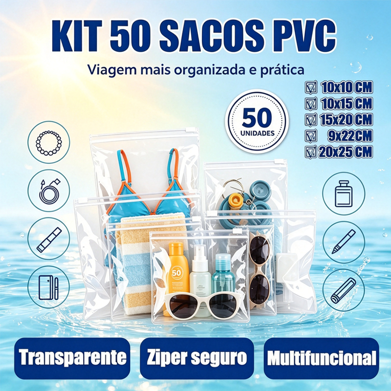 Imagem Kit 50 Sacos PVC Transparente com Zíper | Organizador Multiuso (Higiene, Manicure, Acessórios)