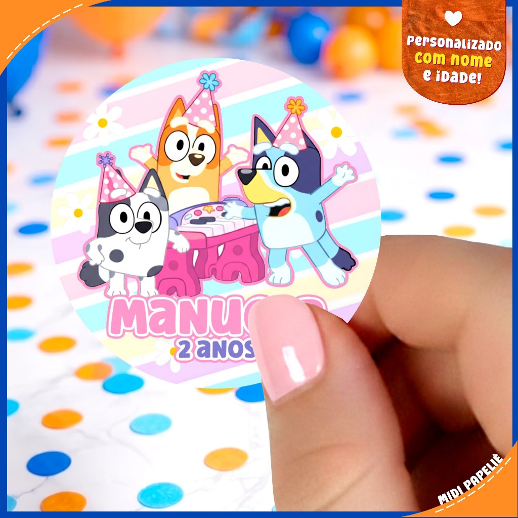 100 Adesivos Bluey e Bingo Festa de aniversário Infantil adesivo redondo 5x5 Nome e idade Personalizado Lembrancinha