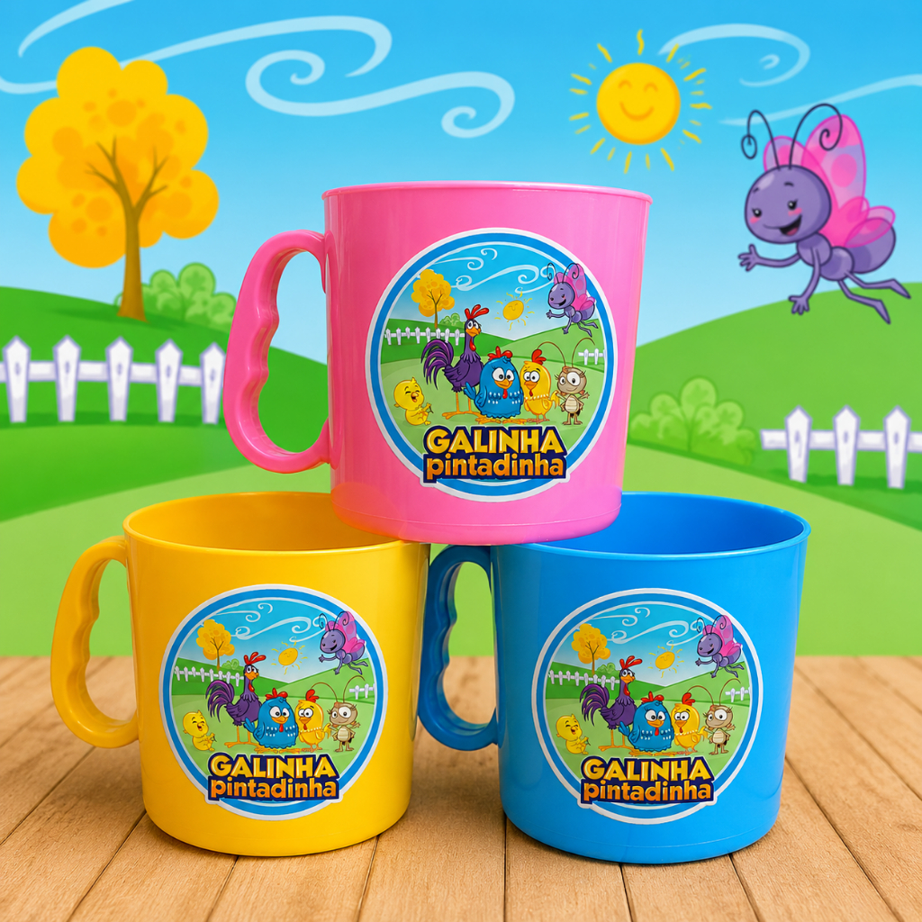 Kit 6 a 30 Canecas adesivada | Aniversário Festa Infantil nome e idade Tema Galinha pintadinha 1 aninho
