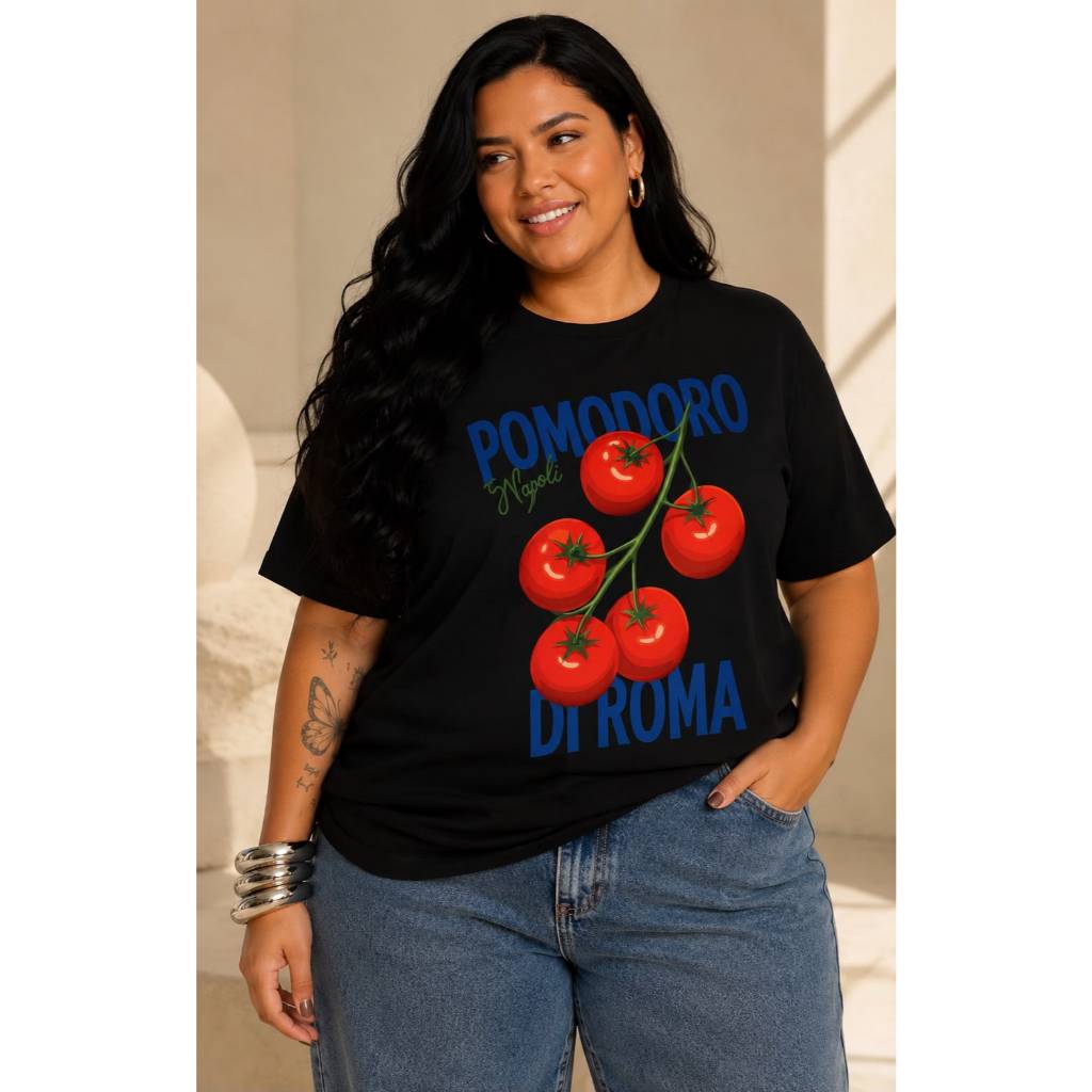 Camiseta Plus Size Feminina Pomodoro Tomate Estampada Tendência Verão 100% Algodão G1 G2 G3 T-Shirt Casual Confortável