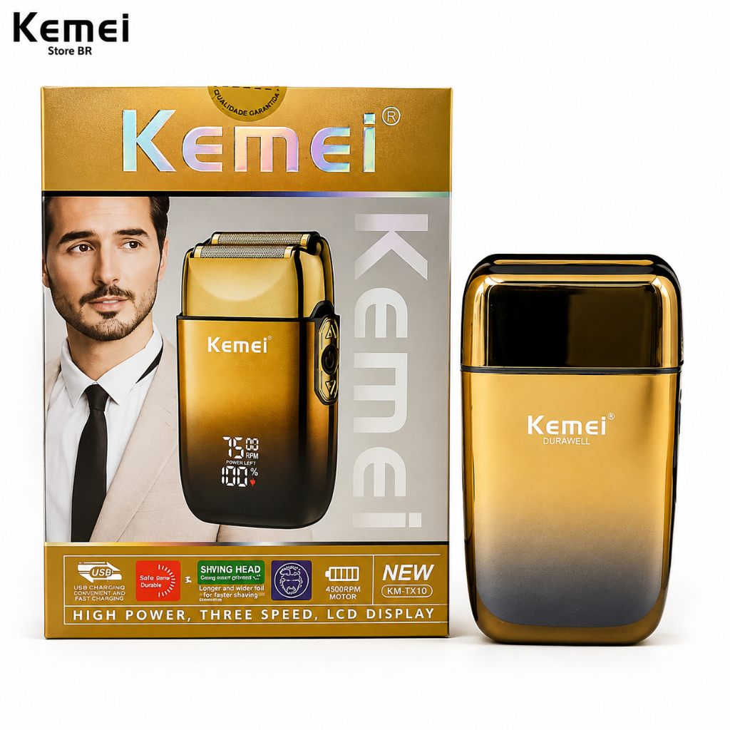 Barbeador Kemei KM-TX10 3x Velocidades 5W de Potência Bivolt  Portátil Dourado Queimado Top