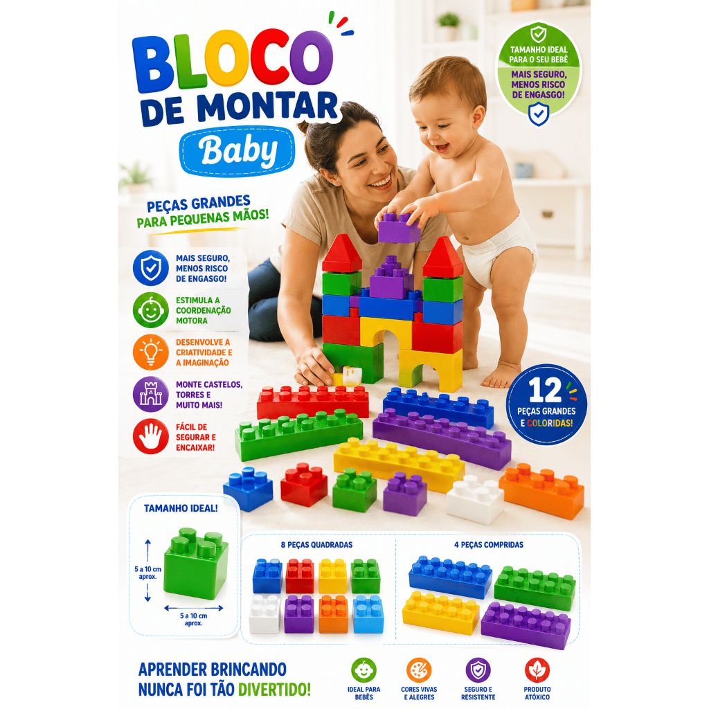 Bloco de Montar Babe Grande Baby Gigante 12 Peças Monta Castelo Torre Cordenação Motora Aprendizagem