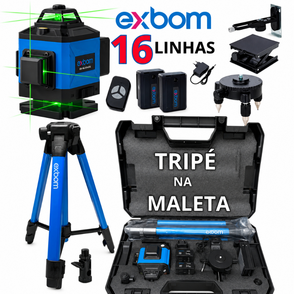 Nível Laser 16 Linhas com Tripé ou 12 Linhas 3D Profissional Autonivelante Exbom 30 Metros Portátil + Kit Acessórios