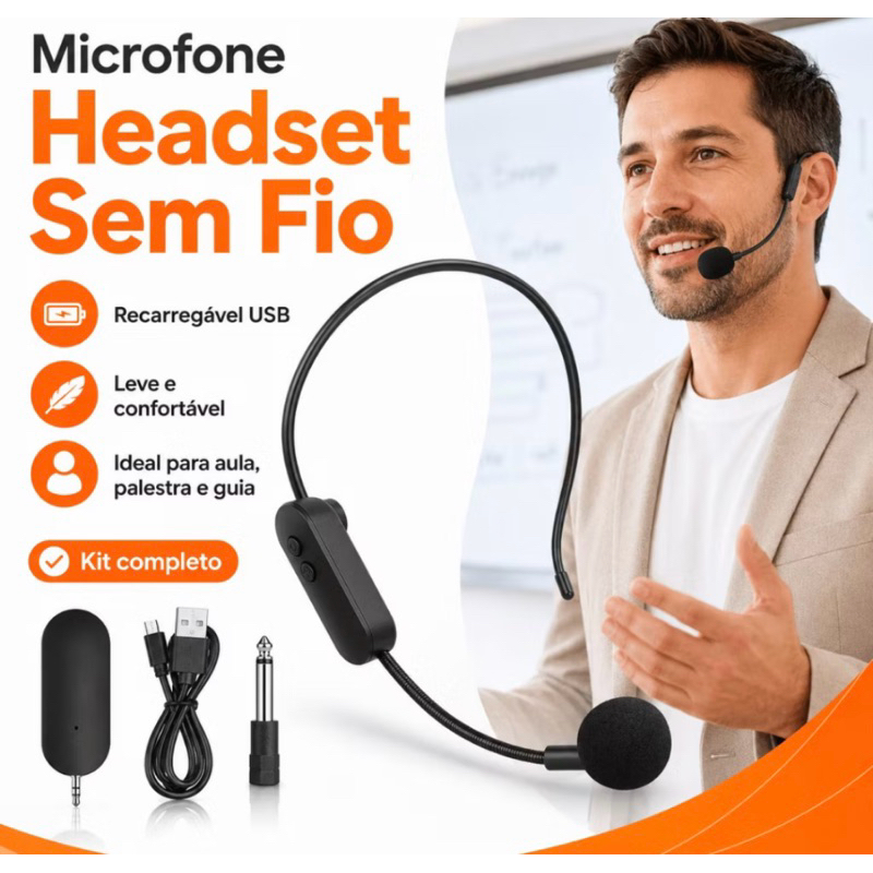 Microfone Headset Sem Fio USB Recarregável com Receptor para Aula Palestra Evento