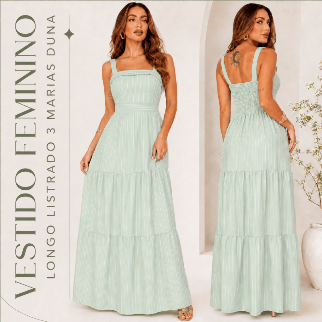 Vestido Longo Feminino Listrado Lastex 3 Marias Tecido Duna Elegante Casual