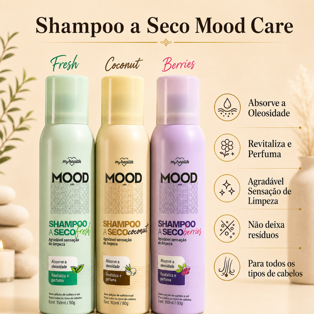Shampoo a Seco Mood Care 150ml Absorve Oleosidade Revitaliza e Perfuma Fresh Coconut Berries My Health