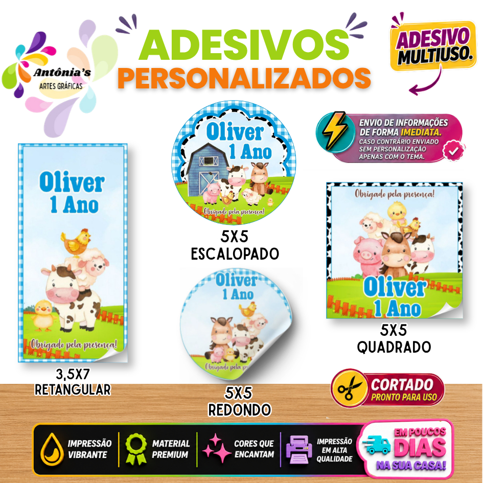 ADESIVOS CORTADOS PERSONALIZADOS 120, 100~40 PARA LEMBRANCINHAS - TEMA: FAZENDINHA - Envio Rápido!
