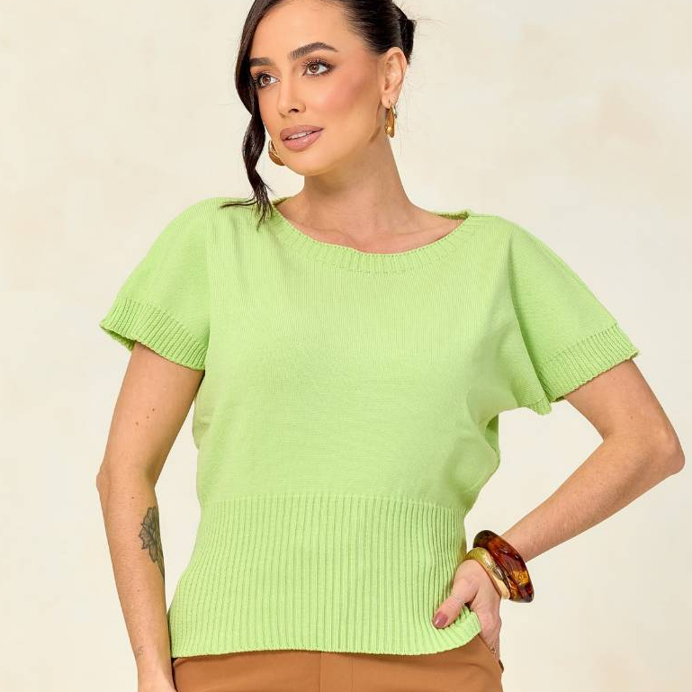 Blusa Feminina Tricot Canelada Manga Curta Básica Estilosa Roupa Feminina Elegante Versátil