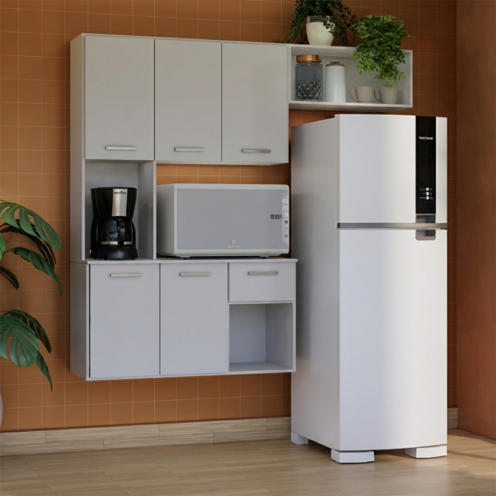 Cozinha Completa Suspensa Armário Aéreo com Nicho para Micro-ondas Organizador Multiuso Resistente